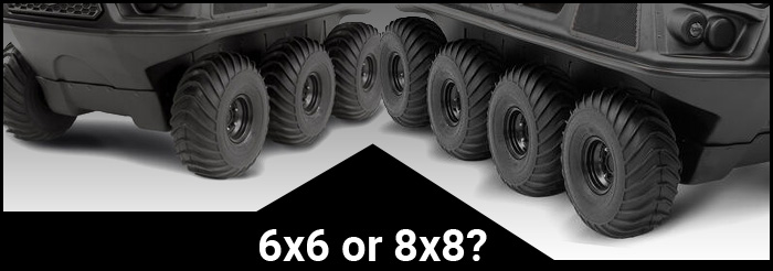 the large black tires of an Argo 6x6 and an Argo 8x8