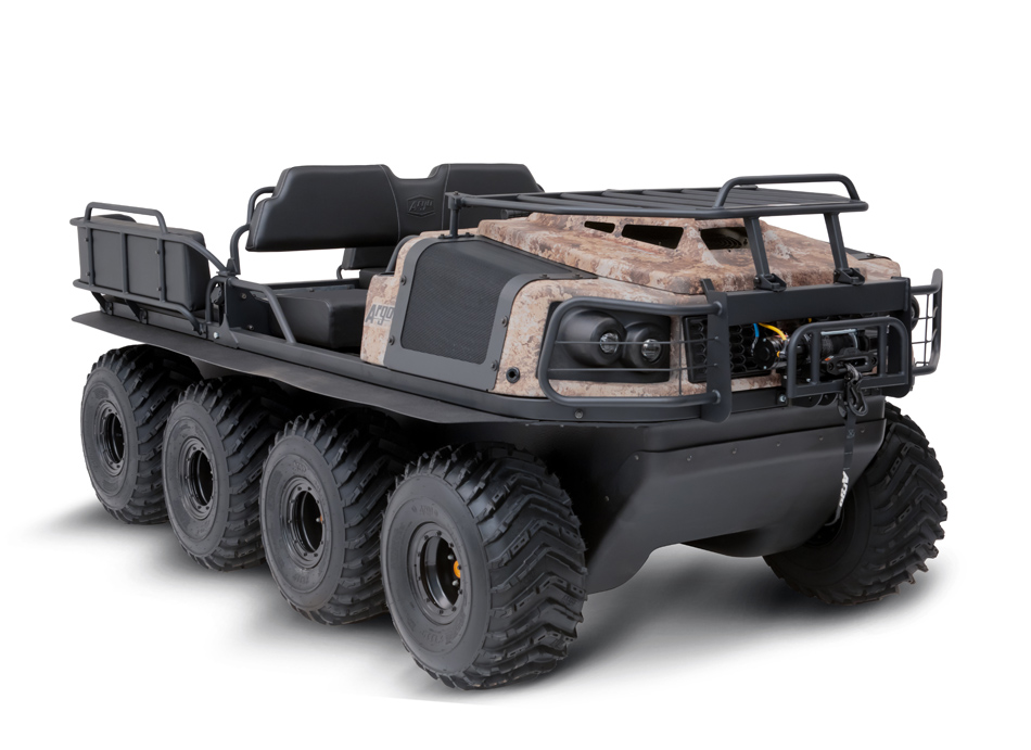 eight-wheeled all-terrain vehicle with camouflage styling and a cargo rack over the hood
