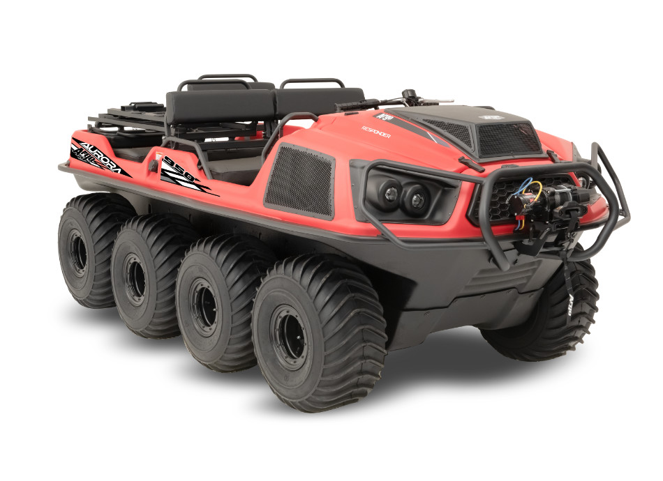 black and red Argo XTV with 8 wheels, and stretcher mount