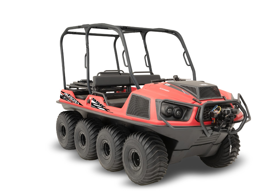 black and red Argo XTV with 8 wheels, roll-over protection bars, and stretcher mount
