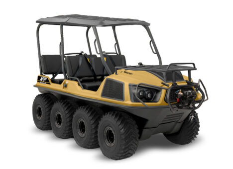 black and yellow Argo XTV with 8 wheels, roll-over protection bars, and roof