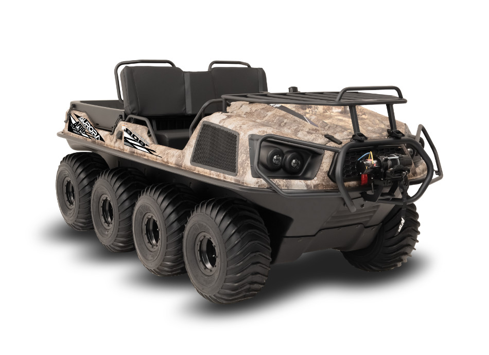 amphibious all terrain vehicle with 8 tires and camouflage styling