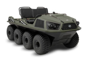 green and black amphibious all-terrain vehicle with 8 tires
