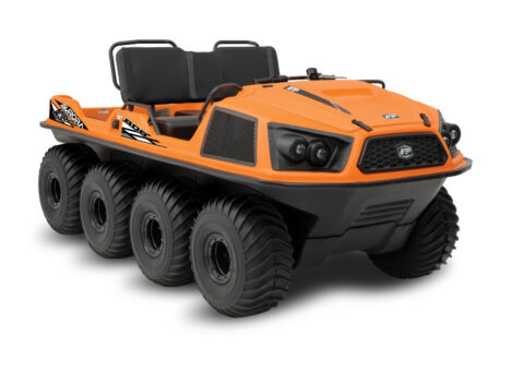 orange and black amphibious all-terrain vehicle with 8 tires