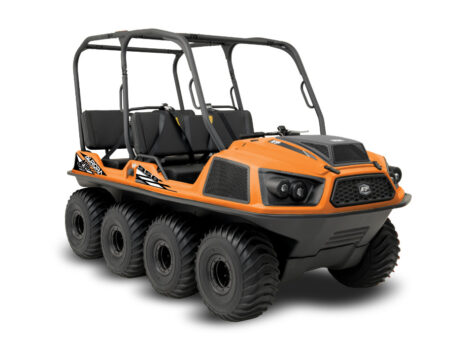 orange and black Argo amphibious XTV with 8 wheels and roll-over protection bars