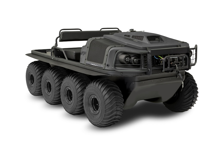 black Argo XTV with 8 wheels and flat bed