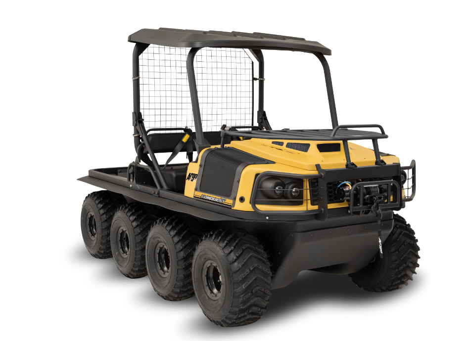 black and yellow Argo XTV with 8 wheels, roll-over protective structure, roof, and flat bed