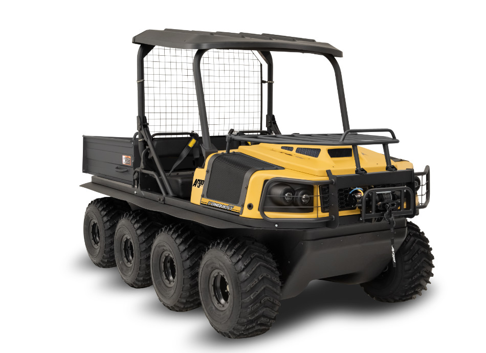 black and yellow Argo XTV with 8 wheels, roll-over protective structure, roof, and dump bed