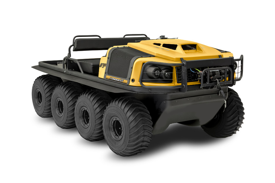 black and yellow Argo XTV with 8 wheels and flat bed