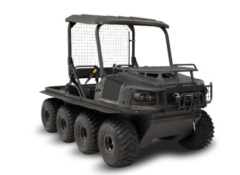 black Argo XTV with 8 wheels, roll-over protective structure, roof, and flat bed