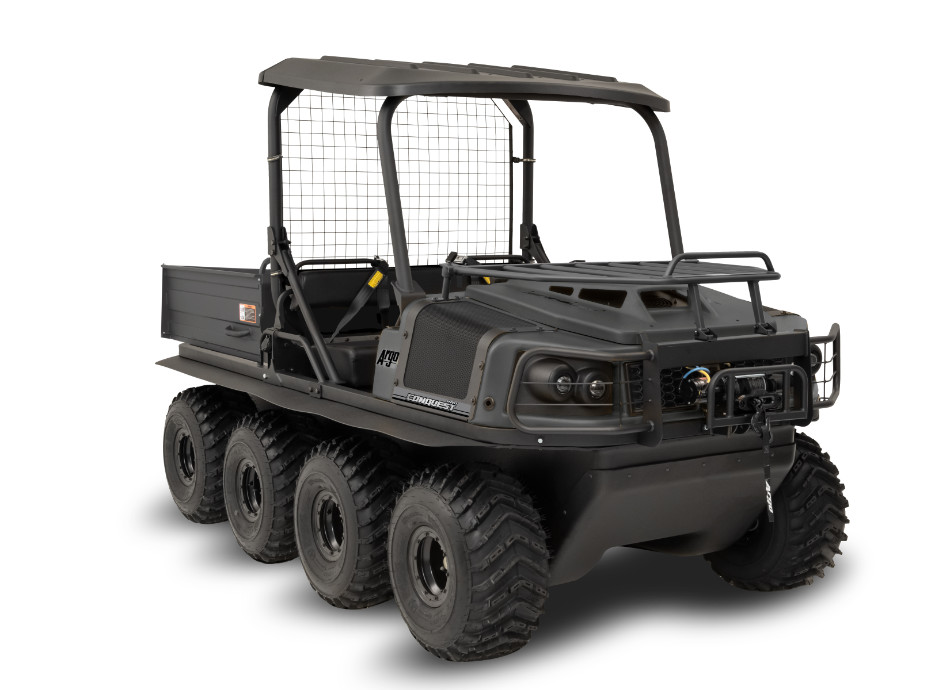 black Argo XTV with 8 wheels, roll-over protective structure, roof, and dump bed