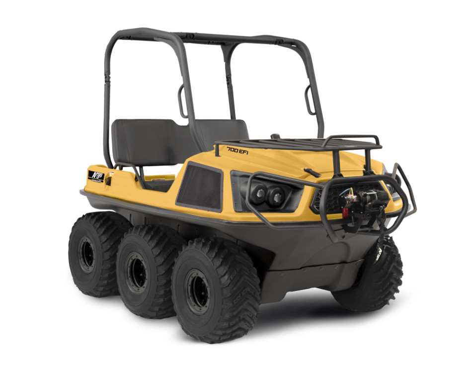 yellow Argo XTV with 6 tires and roll-over protective structure