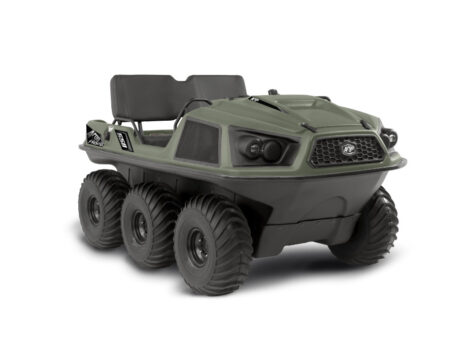 black and green XTV type amphibious vehicle with 6 tires