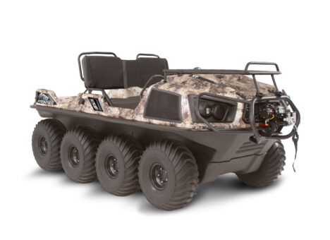XTV type amphibious vehicle with 8 tires and camouflage exterior styling