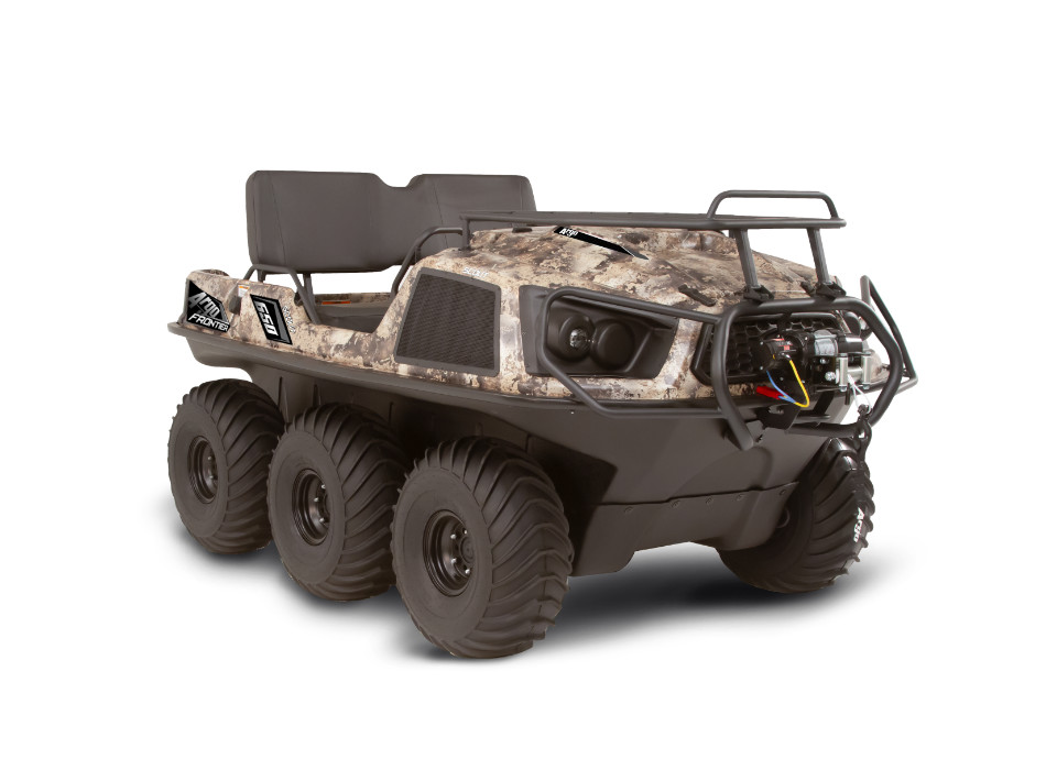 XTV type amphibious vehicle with 6 tires and camouflage exterior styling