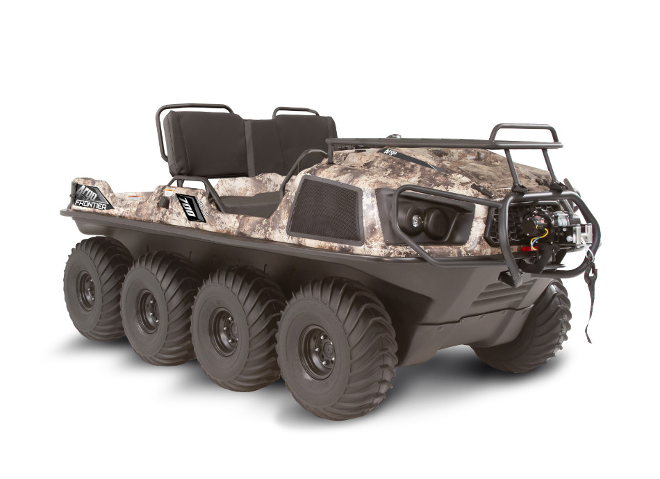 ATV type vehicle with 8 tires and camouflage styling on the outside