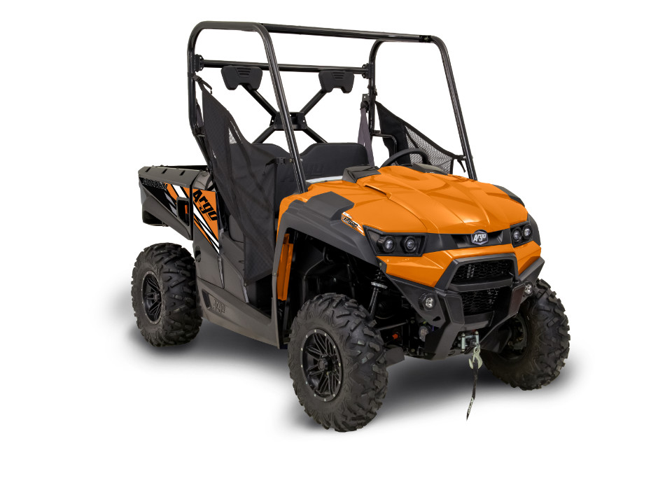 bright orange and black Argo side-by-side ATV with a winch on the front